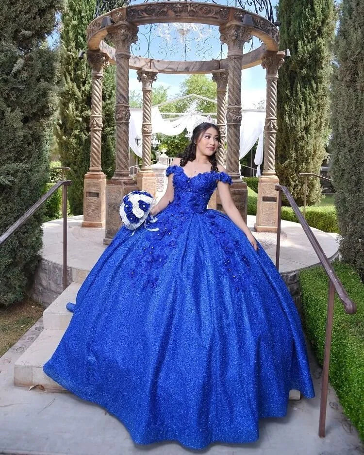 Sexy Royal Blue Quinceanera Dresses 3D Flowers Off the Shoulder Sequins Sweet 16
