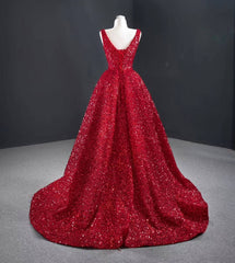 Sequins Asymmetrical Red Evening Dresses Sleeveless Deep-V Prom Formal Dress MyChicDress