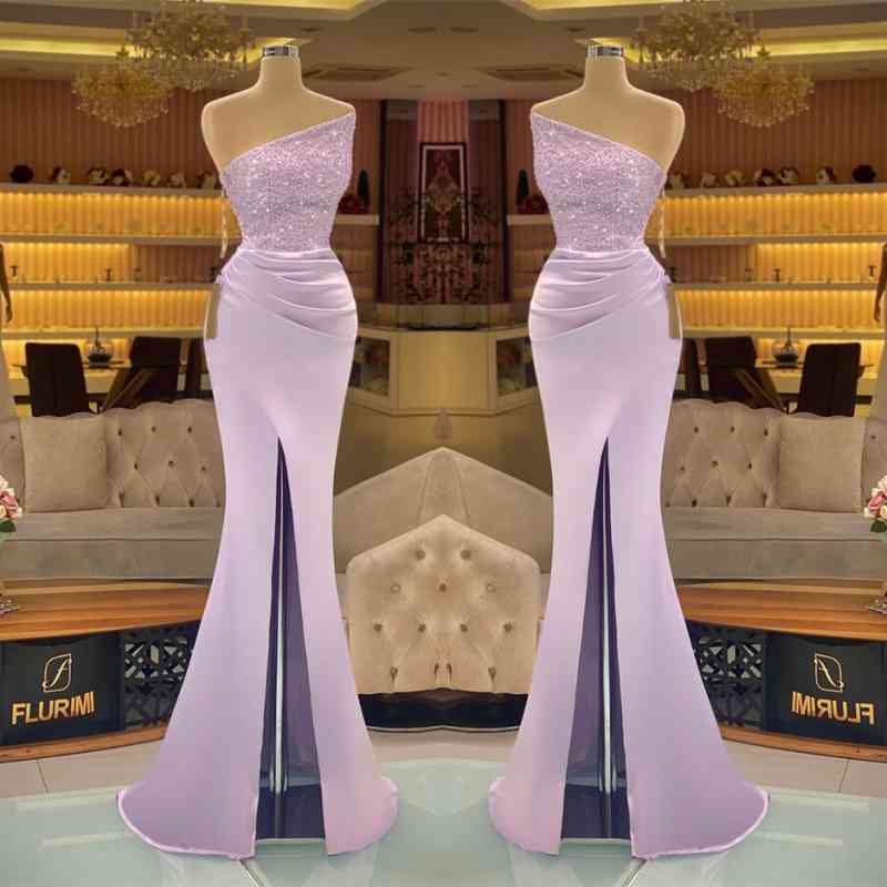Sequins Formal Dresses Light Purple Mermaid Prom Dress Long Slit Strapless MyChicDress