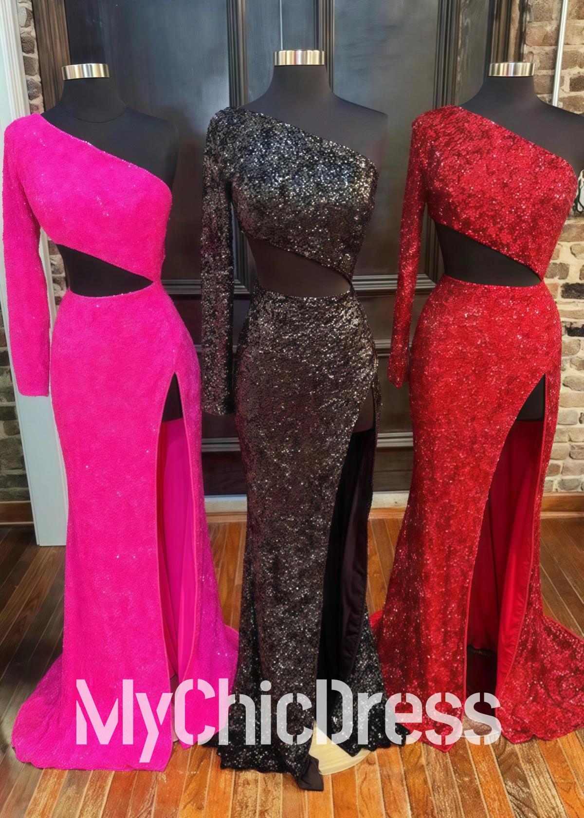 Vestidos formales negros de una sola manga con lentejuelas, vestido de fiesta largo recortado con abertura