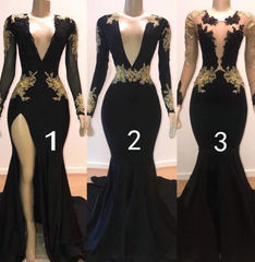 Sexy Long Sleeve Black Gold Prom Dresses 2024 V Neck Appliques Formal Dress MyChicDress