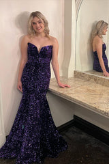 Sexy Purple Sequin Prom Dresses Strapless Mermaid Long Formal Dress MyChicDress