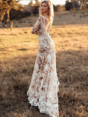 Sexy Round Neck Embroidered Long Sleeve white Wedding Dress Backless Mermaid MyChicDress