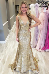 Vestido de noche sexy con escote en V y lentejuelas doradas, estilo sirena y espalda descubierta