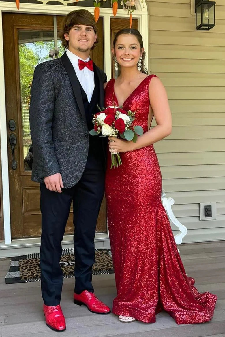 Sexy V-Neck red Sequin Prom Dress Mermaid Backless