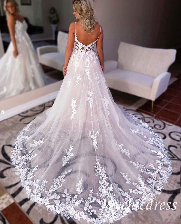 Sexy Country Wedding Dress Lace Appliqued A-line Bridal Gown - MyChicDress