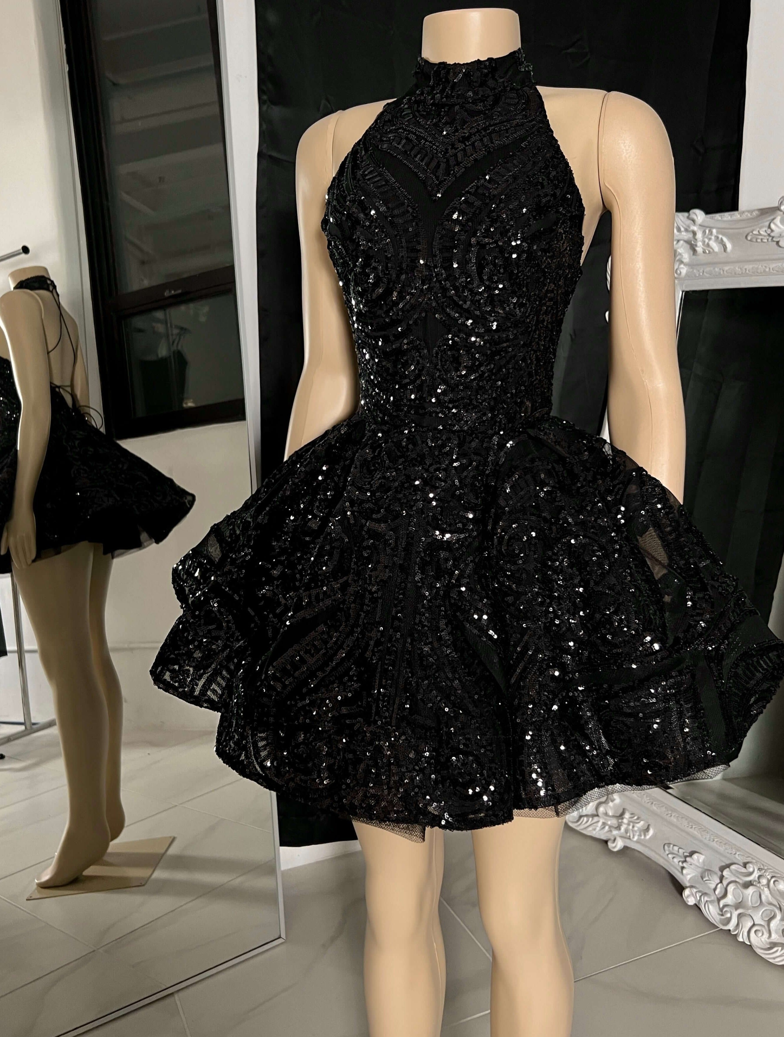 Sexy High-Neck Black Tiered Short Homecoming Dress Sleeveless - MyChicDress