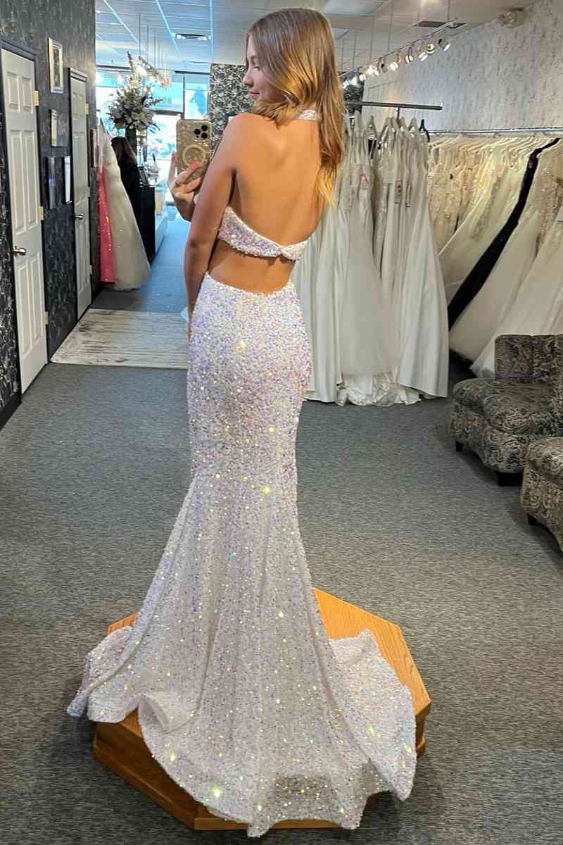 Sexy Mermaid Sequin White Long Prom Dresses Plunging Neck Cutout Waist - MyChicDress