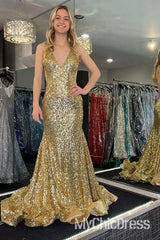 Sexy V-Neck Gold Sequins Evening Dress Mermaid Backless