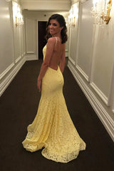 Vestidos de fiesta de encaje amarillo sexy sirena espalda abierta