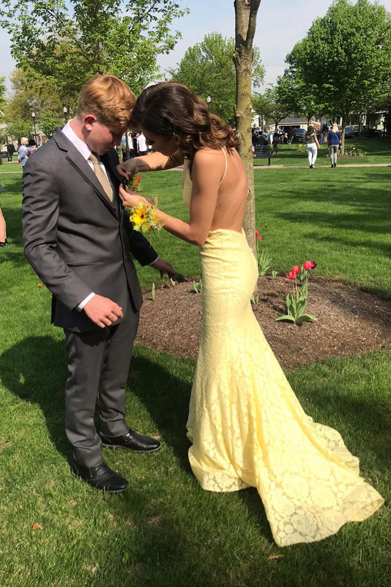 Sexy Yellow Lace Prom Dresses Mermaid Open Back - MyChicDress