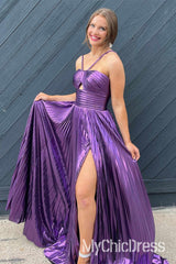 Vestidos de fiesta sexys metálicos, vestido de noche largo plisado con abertura en forma de cerradura