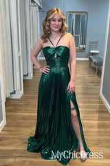 Vestidos de fiesta sexys metálicos, vestido de noche largo plisado con abertura en forma de cerradura