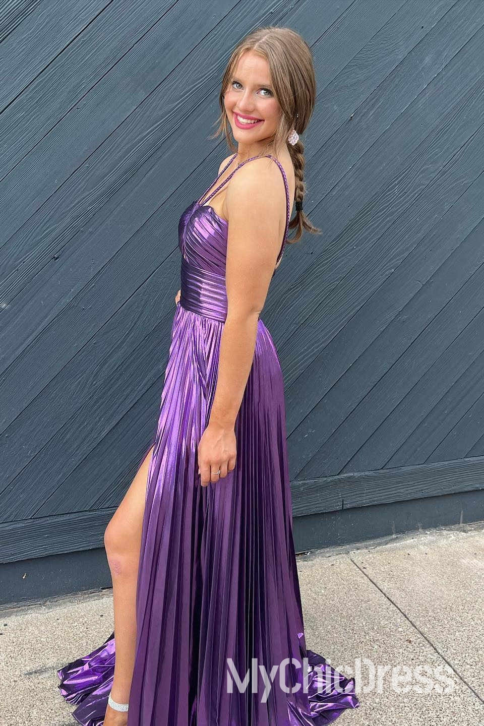 Vestidos de fiesta sexys metálicos, vestido de noche largo plisado con abertura en forma de cerradura