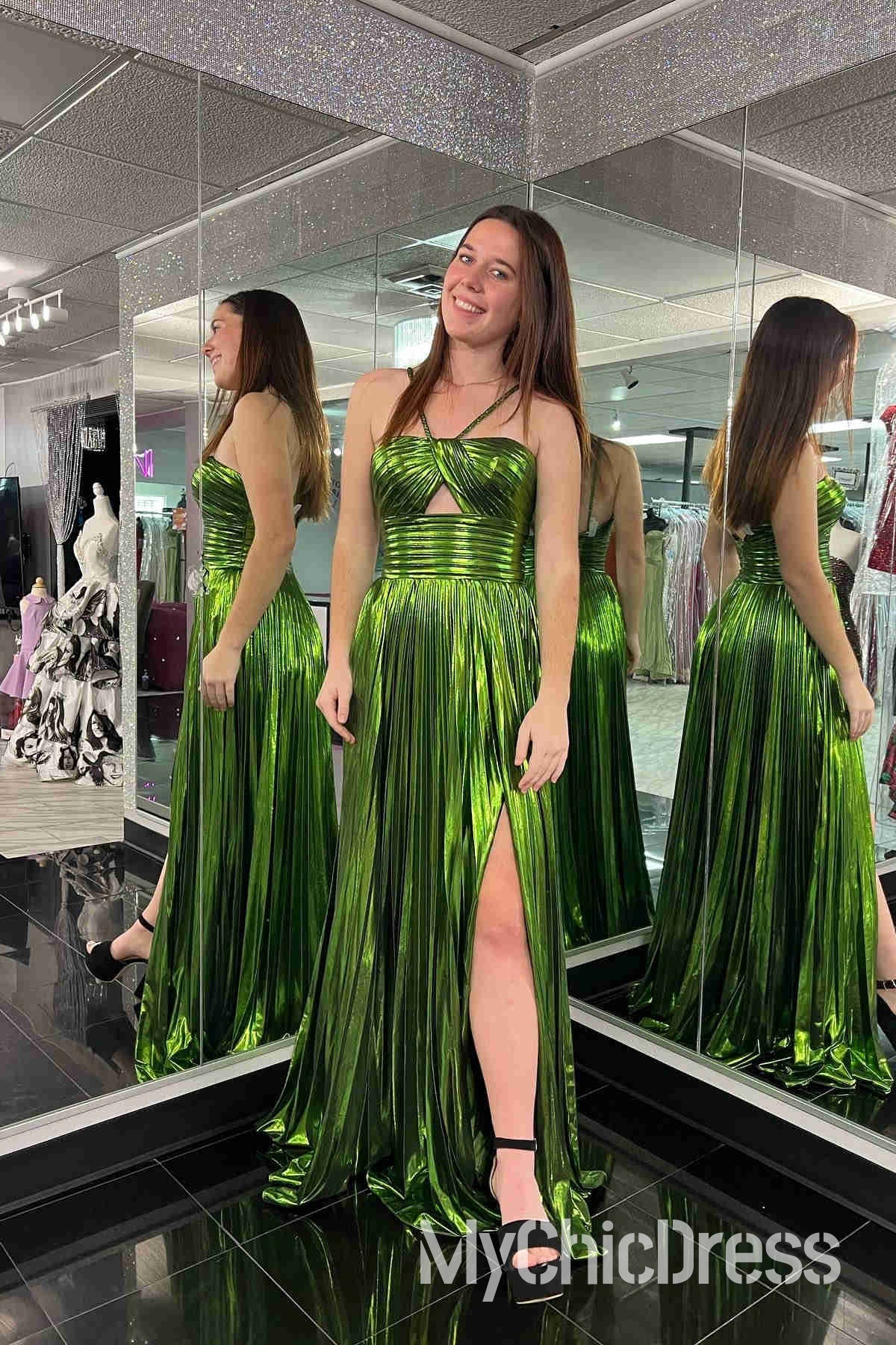 Vestidos de fiesta sexys metálicos, vestido de noche largo plisado con abertura en forma de cerradura