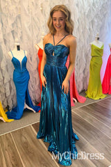 Vestidos de fiesta sexys metálicos, vestido de noche largo plisado con abertura en forma de cerradura