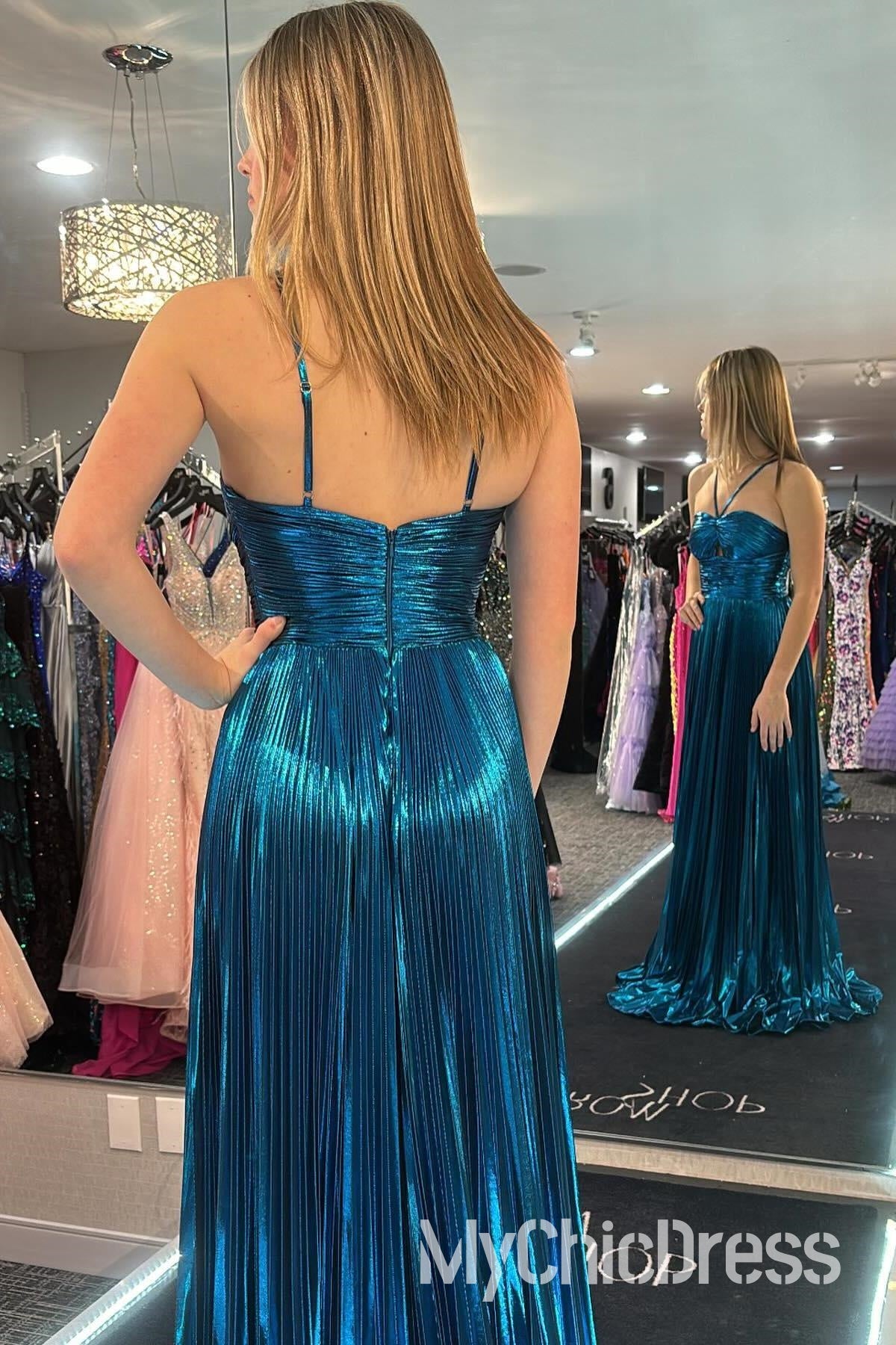 Vestidos de fiesta sexys metálicos, vestido de noche largo plisado con abertura en forma de cerradura