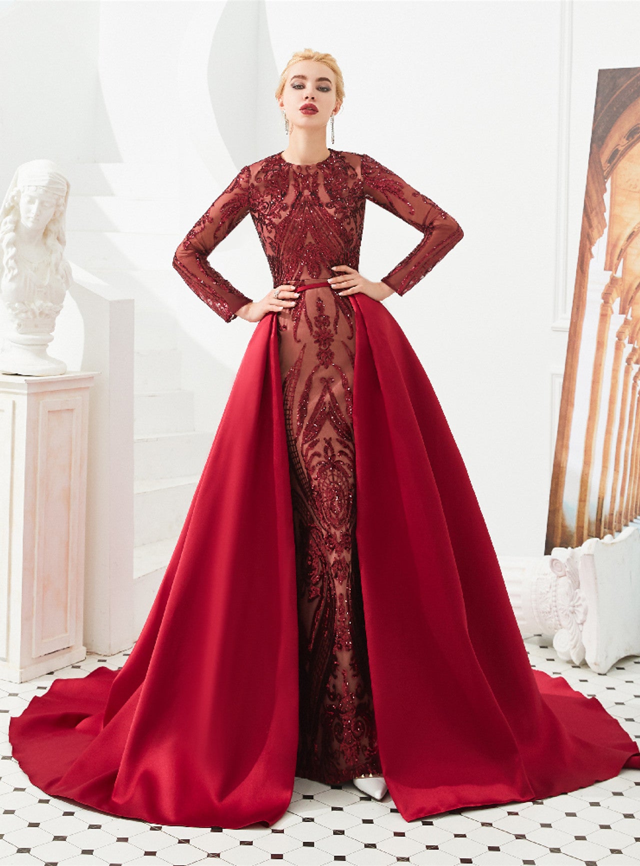 Sexy burgundy Lace Prom Dresses Long Sleeves with Detachable Train