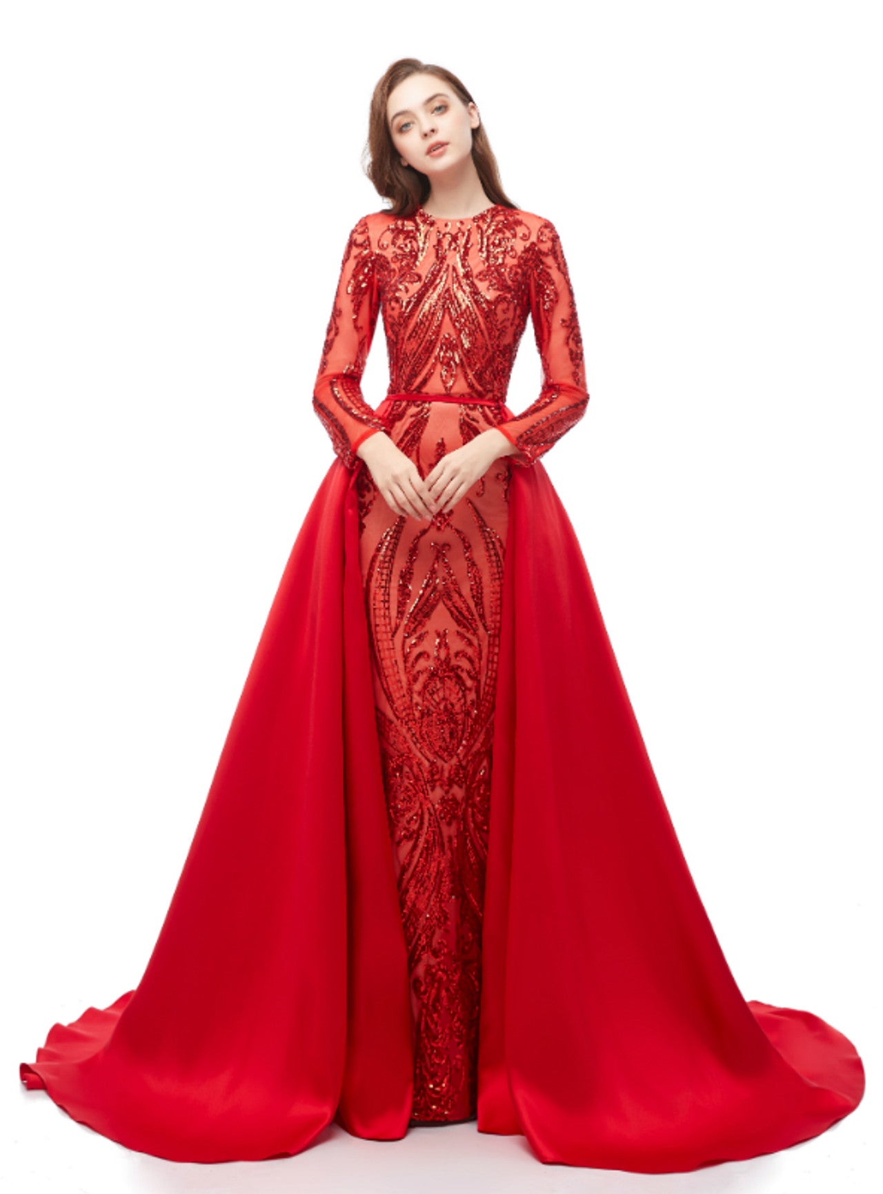Long Sleeves red evening gown