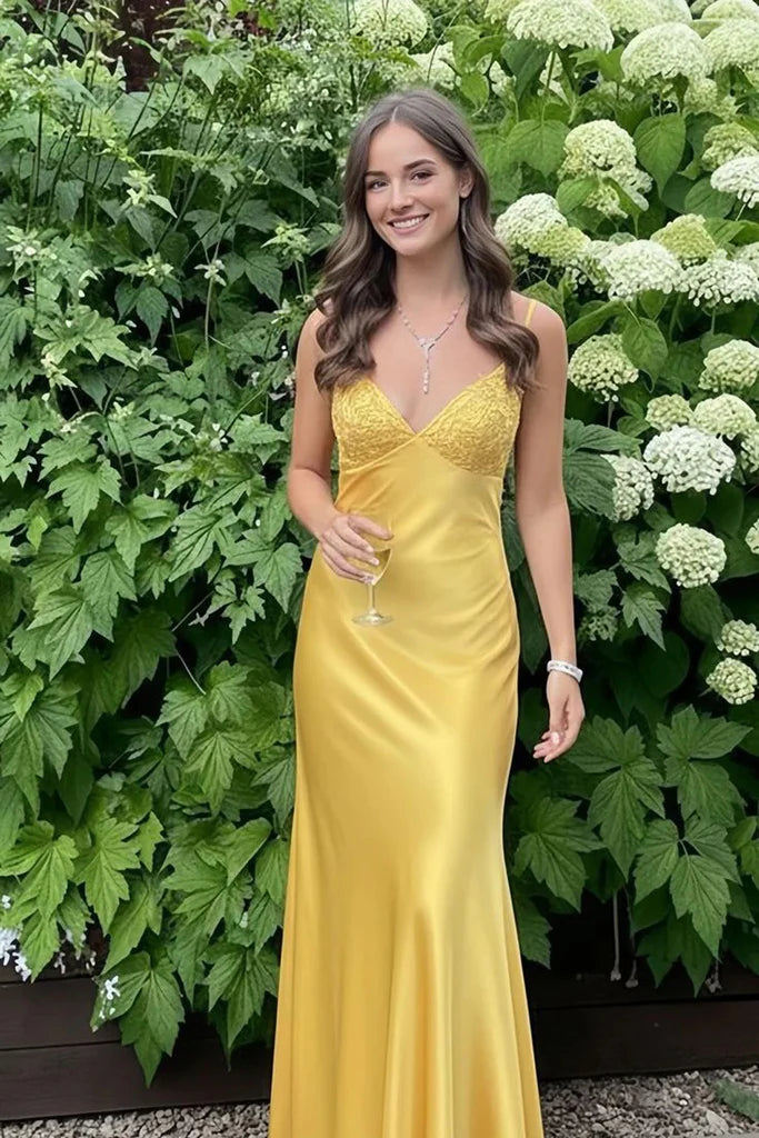 yellow evening gown Sheath Long Mermaid Soft Satin Formal Dress with Beaded