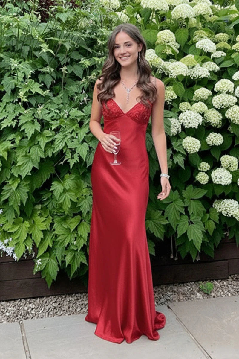 red evening gown Sheath Long Mermaid Soft Satin Formal Dress with Beaded