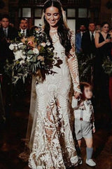 Vestido de novia de encaje de playa de manga larga tubo Vestido de novia de verano boho