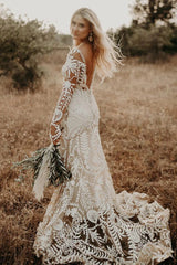 Vestido de novia de encaje de playa de manga larga tubo Vestido de novia de verano boho
