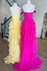 Vestido tubo de gasa rosa fuerte con gradas vestidos de fiesta 2024 cuello en V