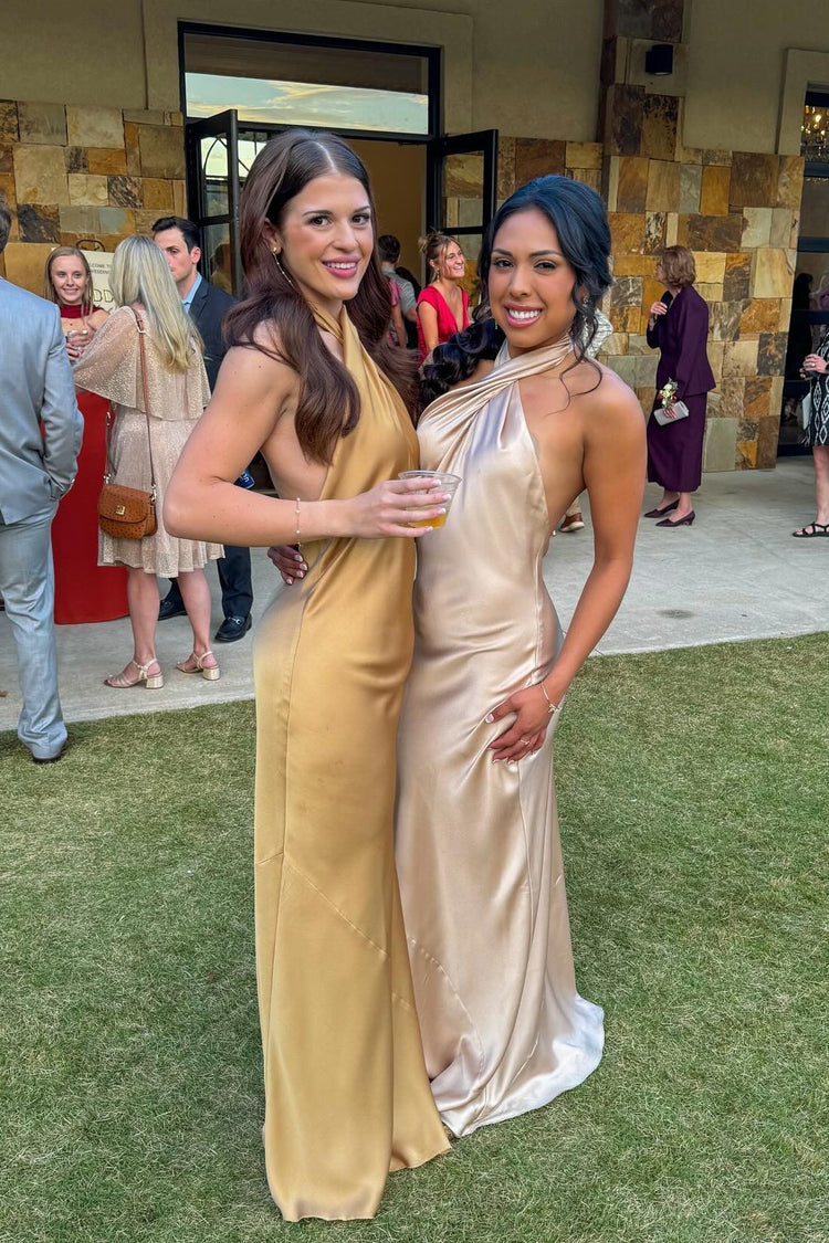 Vestido formal de satén con escote halter, cruzado y largo para invitados de boda