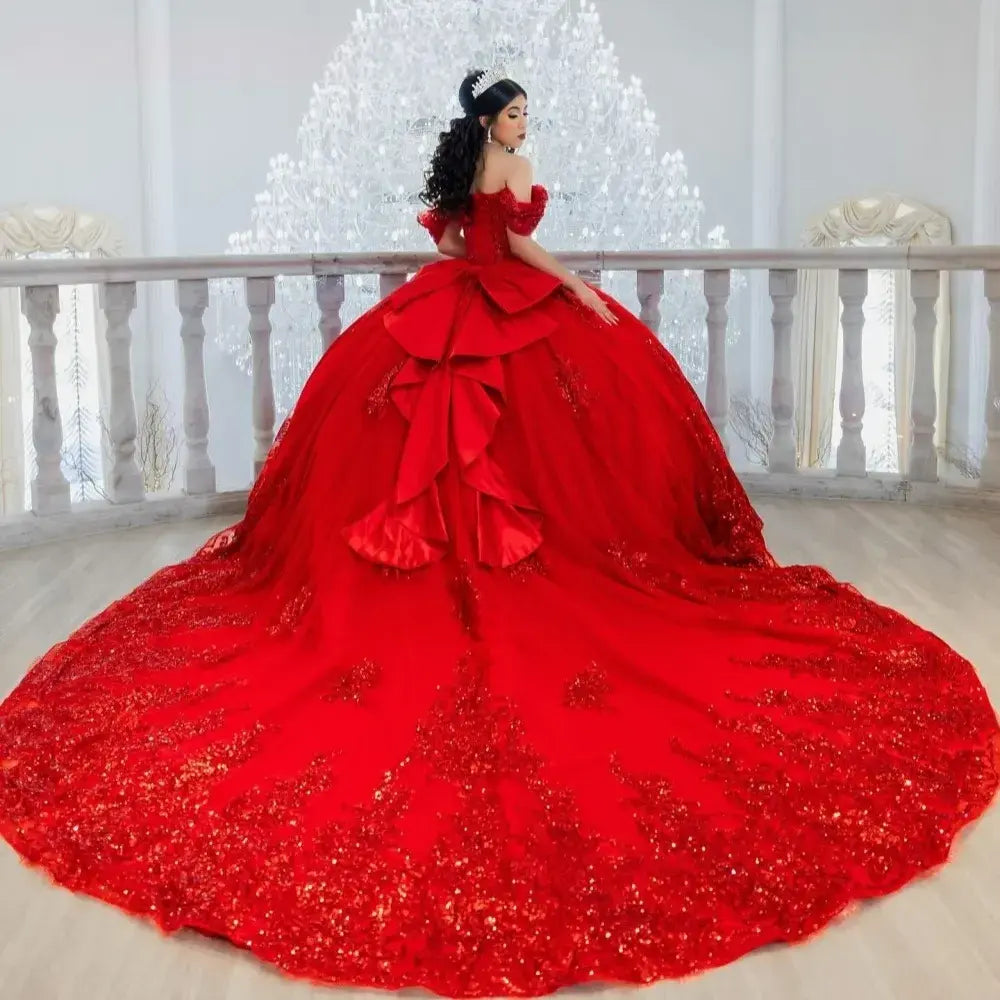 Shiny Red Off-Shoulder Quinceanera Dress Lace Applique With Bow