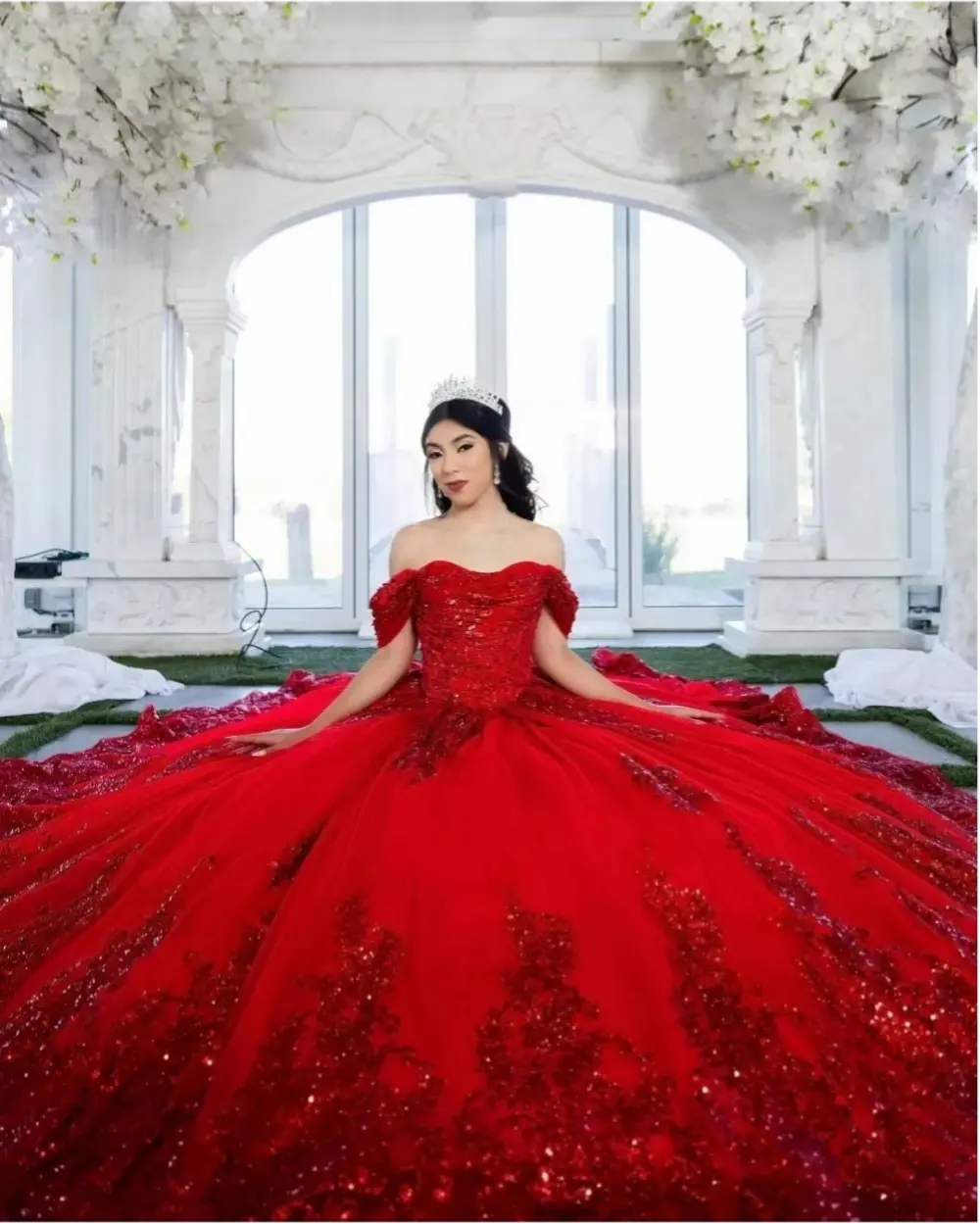 Shiny Red Off-Shoulder Quinceanera Dress Lace Applique With Bow