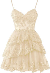 Vestido de fiesta corto rosa con tirantes y apliques, vestido de regreso a casa con gradas en capas