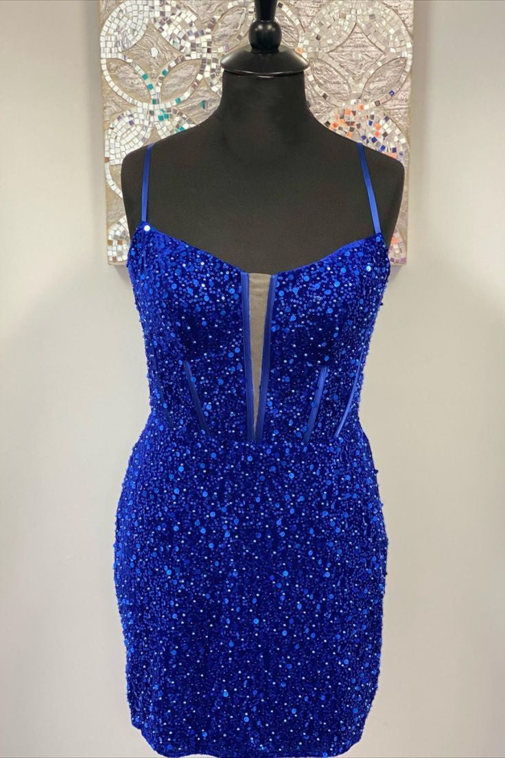 Short Bodycon Royal Blue Homecoming Dress Sequins Straps - MyChicDress