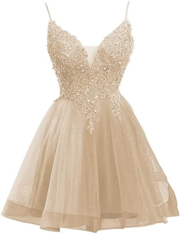 Short Lace Champagne Homecoming Dress V Neck Tulle Quinceanera Dama Dresses - MyChicDress
