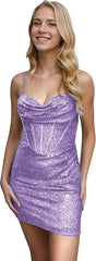 Short Sequin Corset Homecoming Dresses for Teens Ruched - MyChicDress