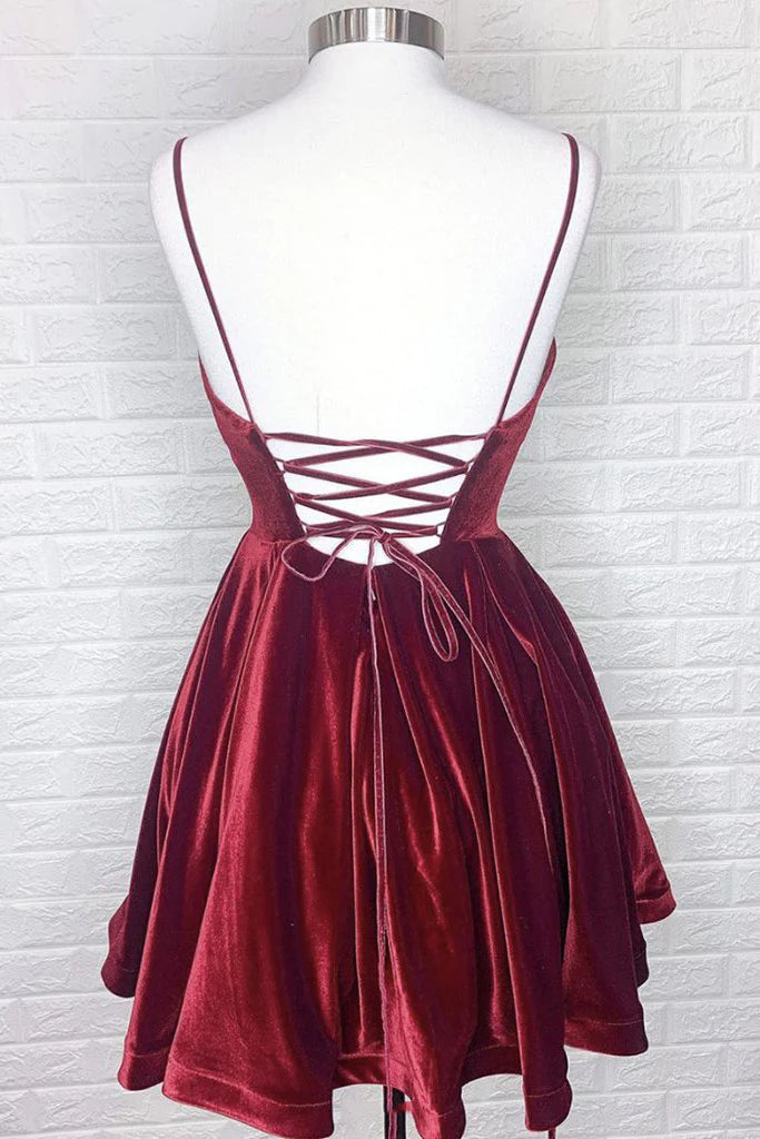 Simple Burgundy Velvet Winter Formal Dress Short V Neck Homecoming Dress MyChicDress