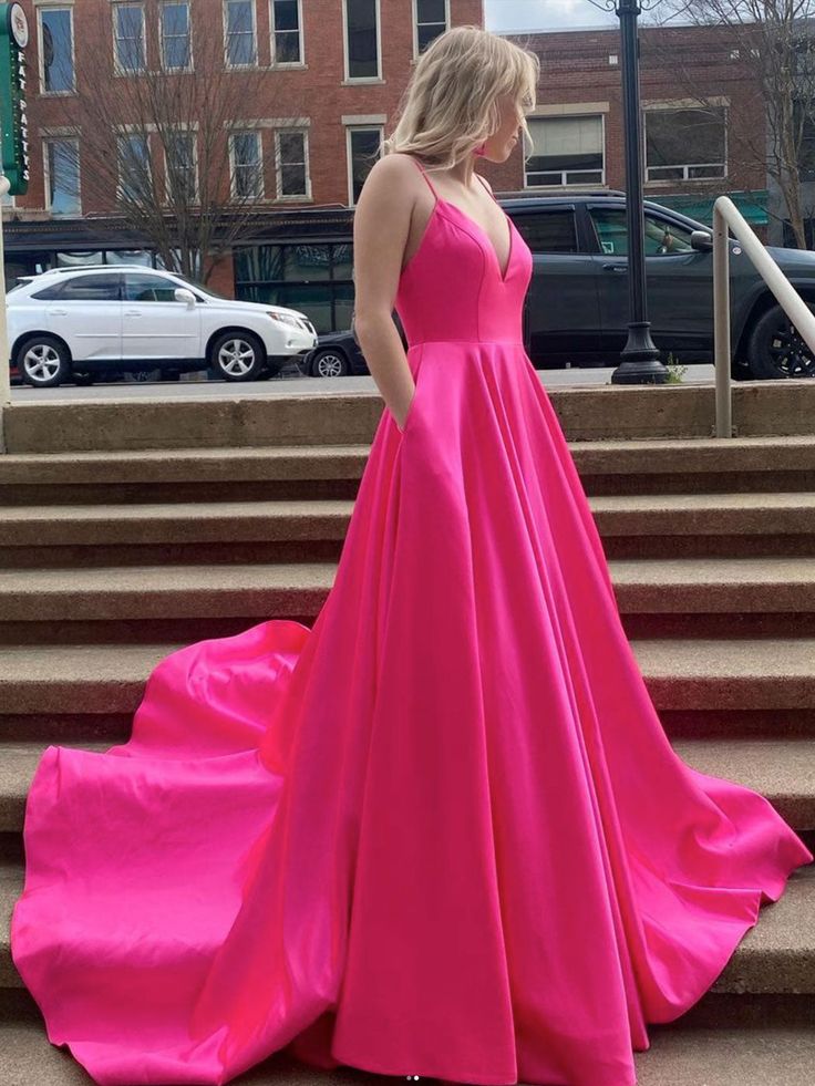 Simple Fuchsia Evening Dresss Long V Neck Satin Prom Dress with Pock MyChicDress