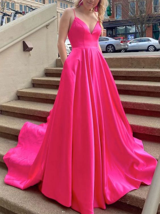 Simple Fuchsia Evening Dresss Long V Neck Satin Prom Dress with Pock MyChicDress