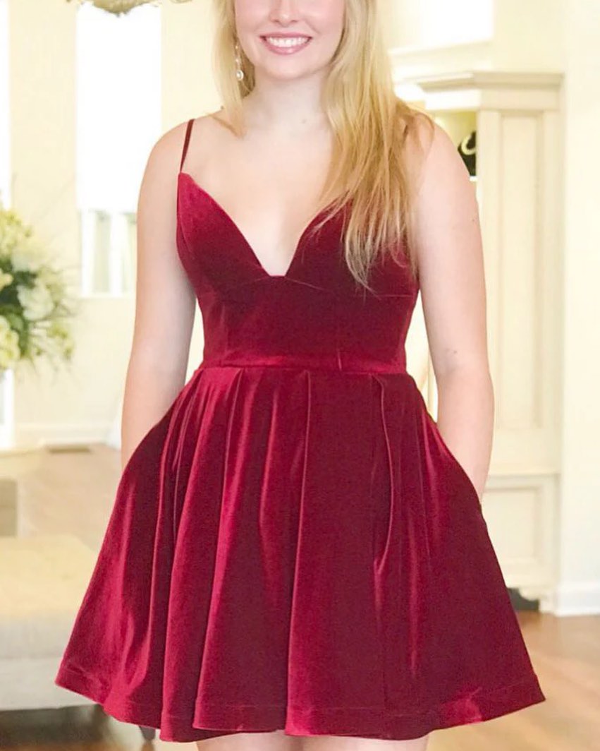 Simple Burgundy Velvet Winter Formal Dress Short V Neck Homecoming Dress - MyChicDress