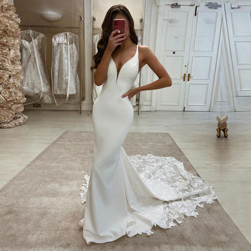 Simple Long Satin Lace Beach Wedding Dress Deep V Neck Sleeveless - MyChicDress