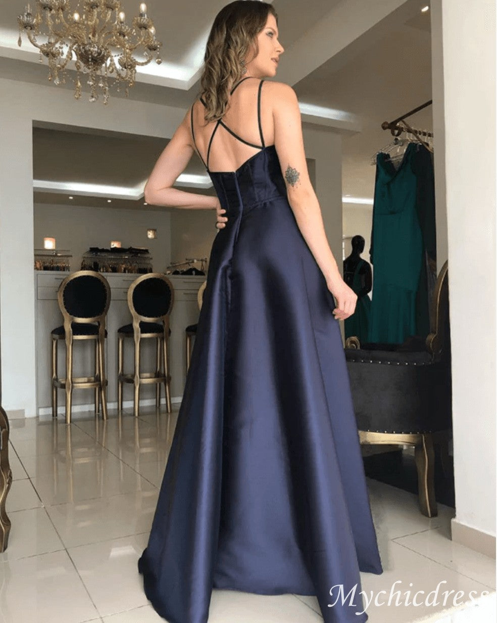Simple Navy Blue Prom Dresses Satin A Line Evening Dresses Sleeveless - MyChicDress