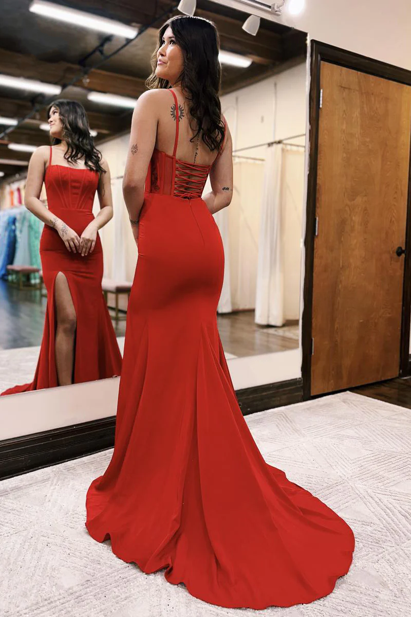 Simple Red Long Prom Dresses Satin Spaghetti Straps Mermaid Evening Dress - MyChicDress