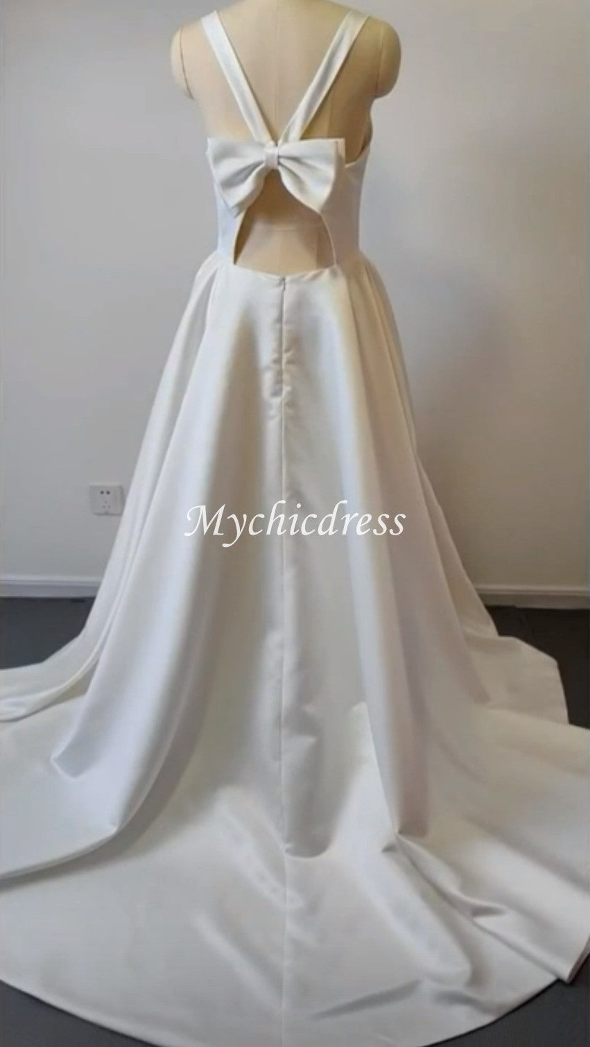 Simple Satin Minimalist Wedding Dresses V Neck Sleeveless with Pockets Bow - MyChicDress
