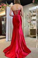 Hot Strapless Orange Prom Dress Ruched Mermaid Long Gown with Slit