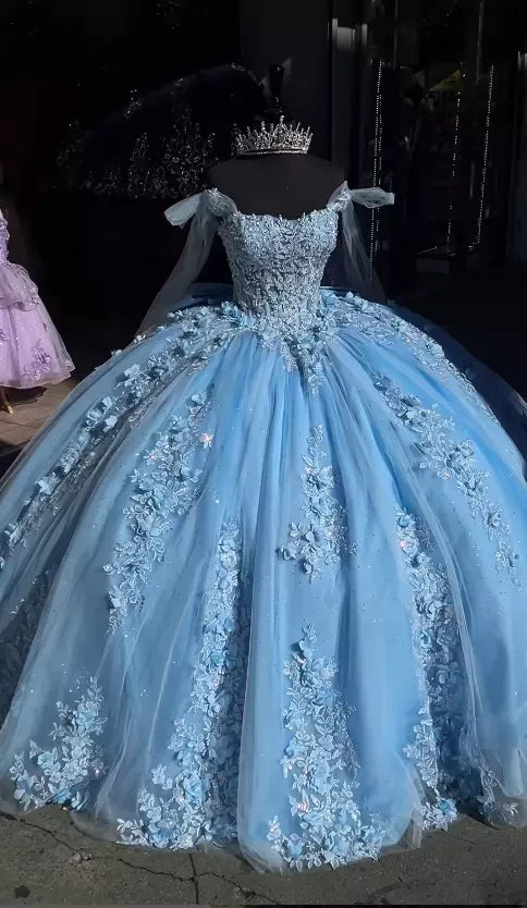 sky Blue Lace Quinceanera dress with bow 3D FLowers Sweet 16 ball gowns