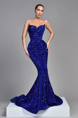 Spaghetti Strap Royal Blue Sequins Prom Dresses UK Evening Dress - MyChicDress