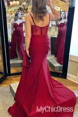 Spaghetti Straps Long Red Formal Dress for Wedding Guests Sweetheart