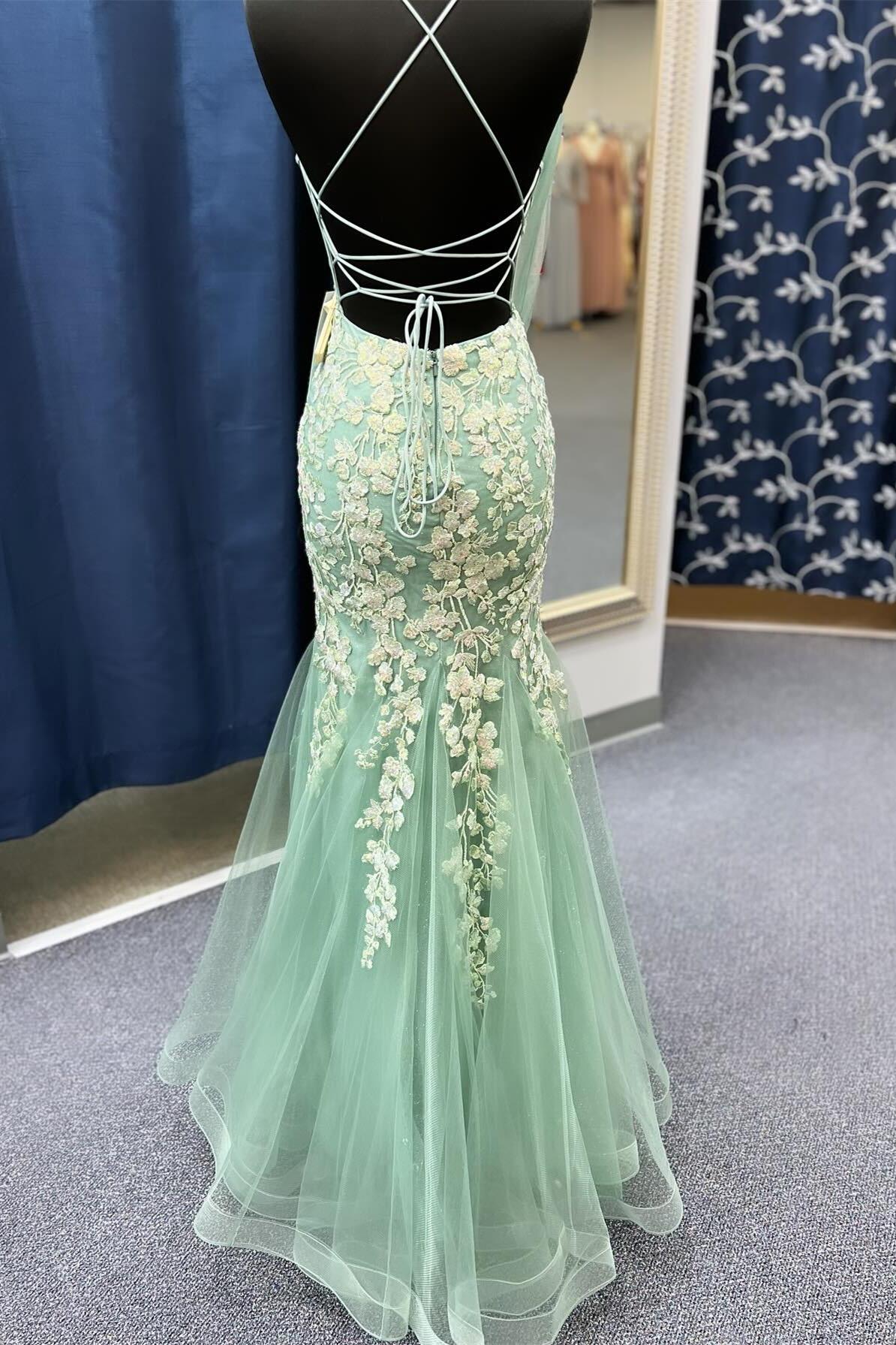 Spaghetti Straps Mermaid Lace Prom Dresses Sage Green Appliques - MyChicDress