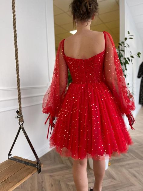 Sparkle Short Red Tulle Prom Dress Long Sleeves Wedding Guest Dress - MyChicDress