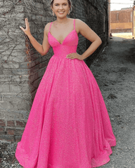 Sparkly Long Hot Pink Glitter Prom Dress A-Line V Neck Straps Formal Dresses MyChicDress